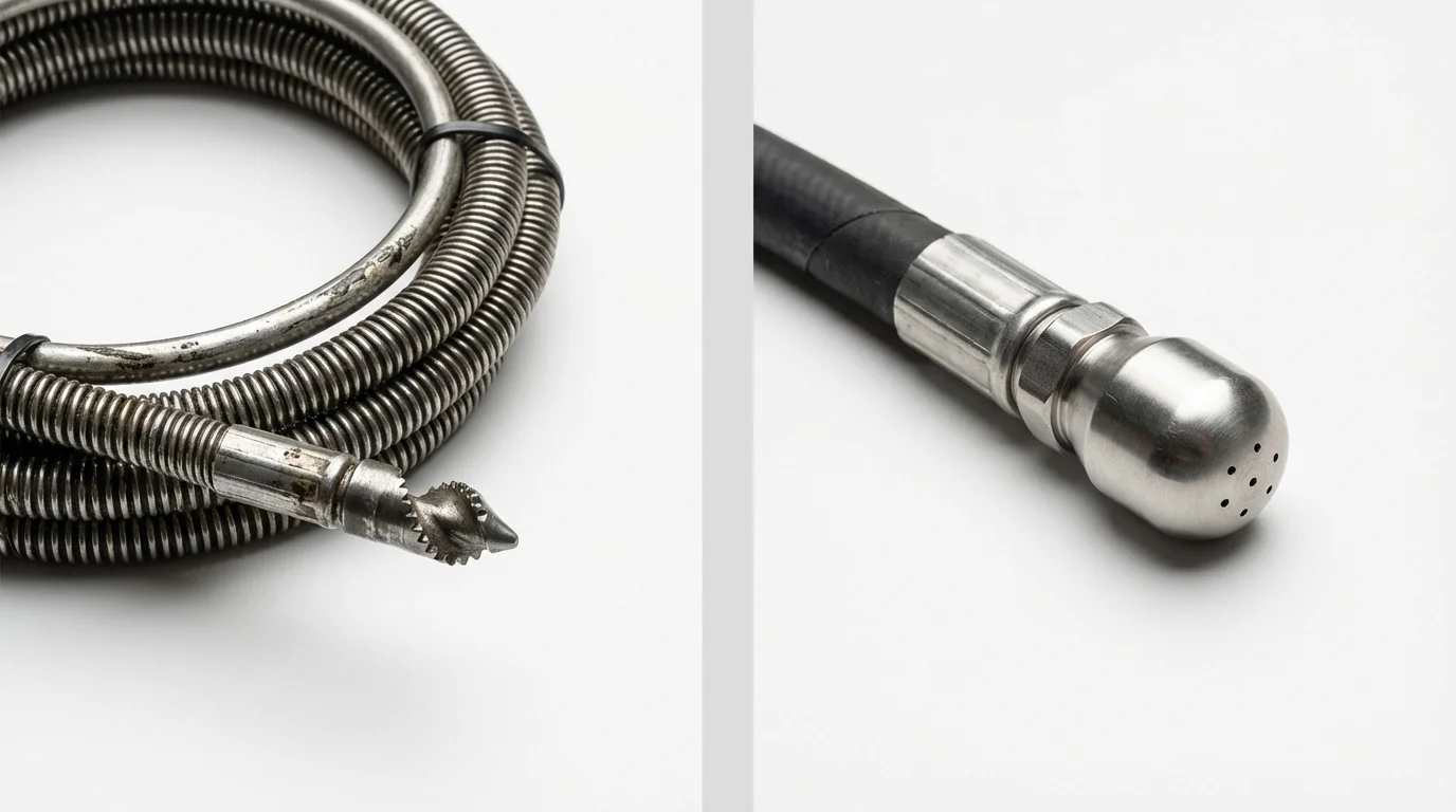 Drain snake cable and hydro jetting nozzle used for drain cleaning in Manhattan, NY