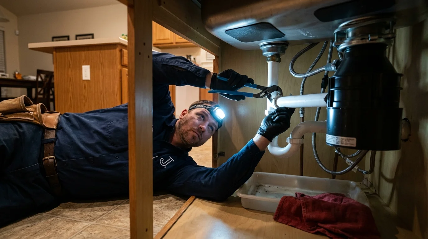 P-trap and supply line connections under a kitchen sink showing a common leak point in Manhattan, NY